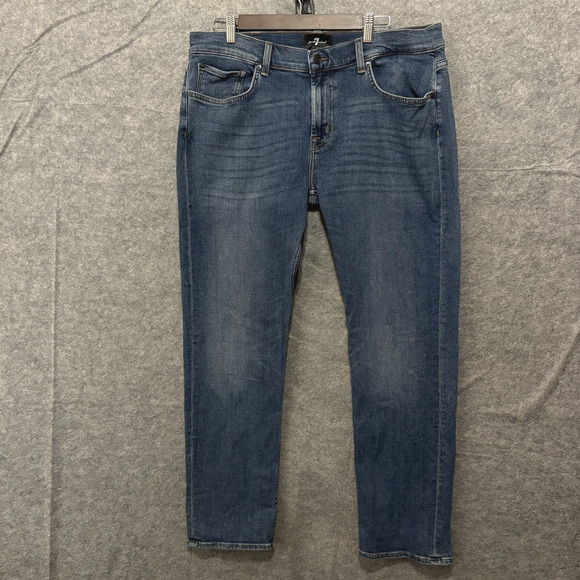 7 for All Mankind Straight Jeans Mens 36 x 31‎ Blue Embroidered Whiskering - Picture 1 of 10